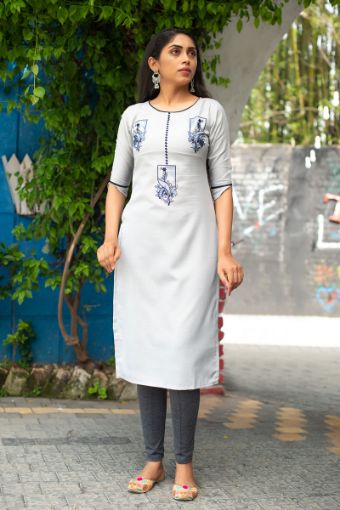Picture of Plus Size Rubby Silk Thread Embroidery Kurti In Grey Colour