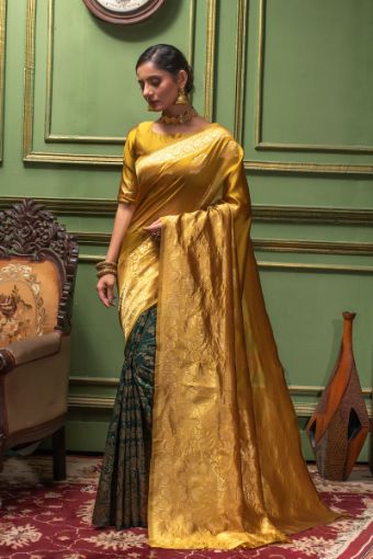 Picture of Mustard & Green Banarasi Silk Jacquard Woven Saree with Blouse