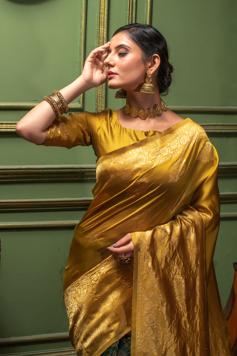 Picture of Mustard & Green Banarasi Silk Jacquard Woven Saree with Blouse