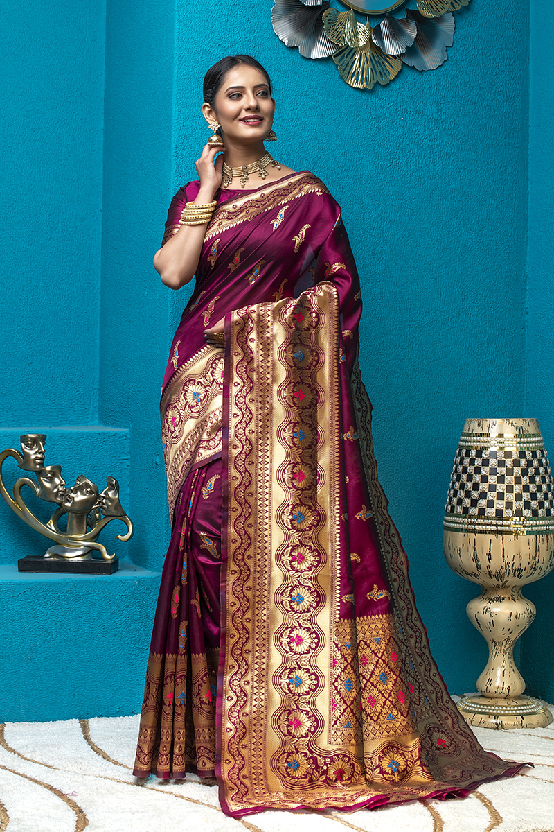Picture of Magenta Banarasi Silk Jacquard Woven Saree with Blouse
