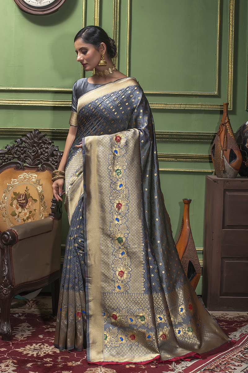 Picture of Grey Banarasi Silk Jacquard Woven Saree with Blouse