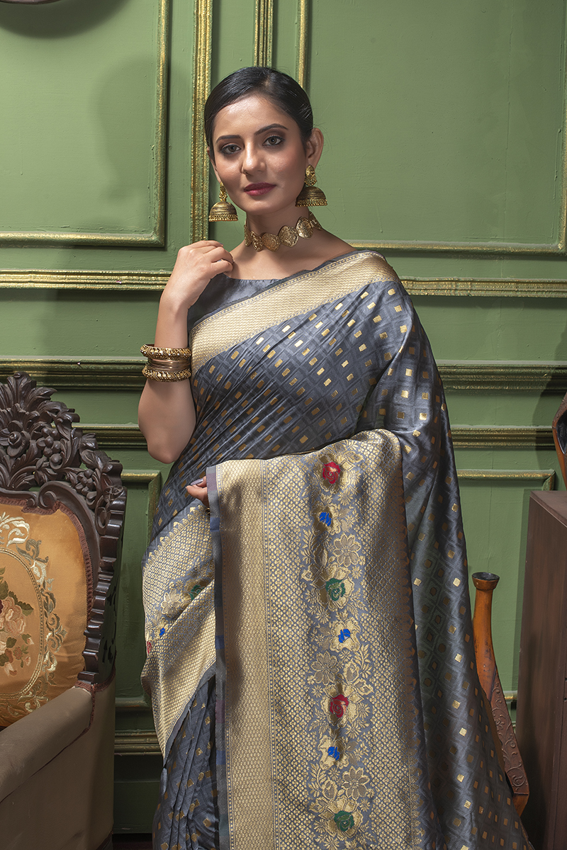 Picture of Grey Banarasi Silk Jacquard Woven Saree with Blouse