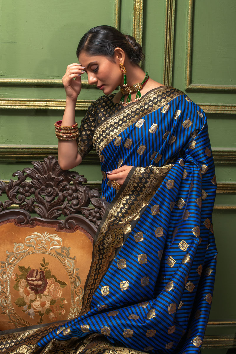 Picture of Blue & Black Banarasi Silk Jacquard Woven Saree with Blouse