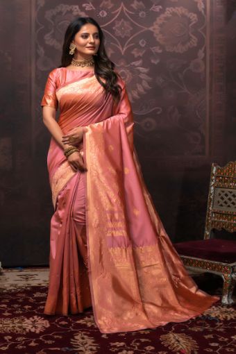Picture of Peach Banarasi Silk Jacquard Woven Saree with Blouse