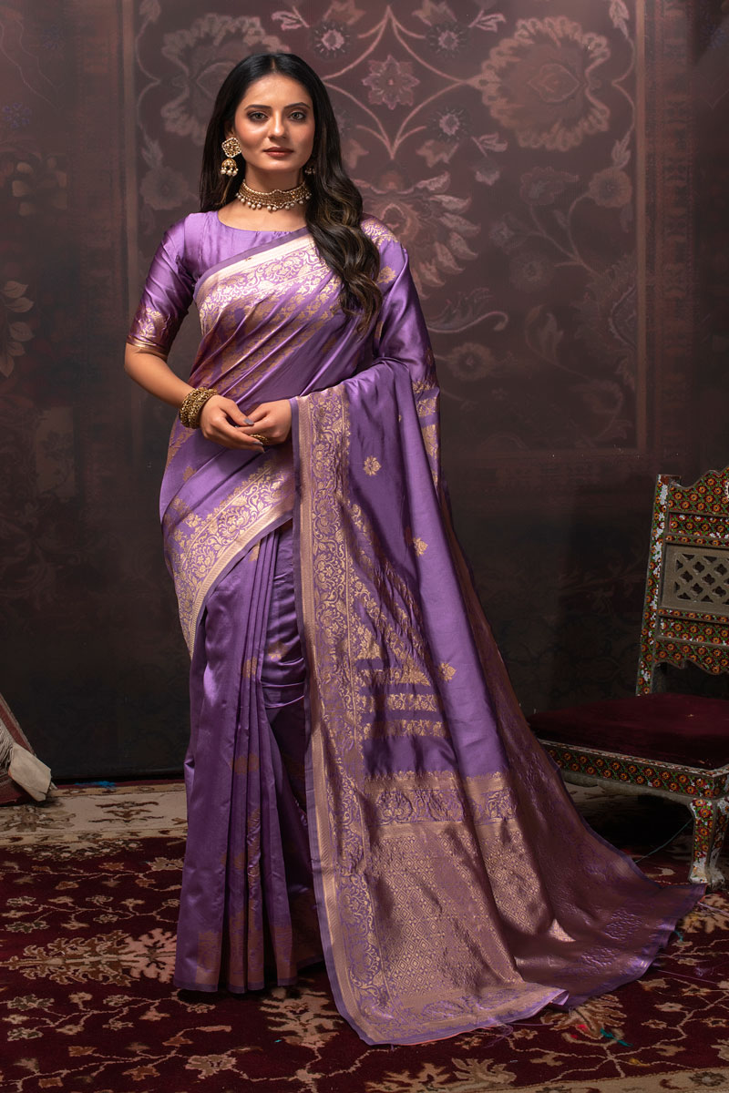 Picture of Lavender Banarasi Silk Jacquard Woven Saree with Blouse