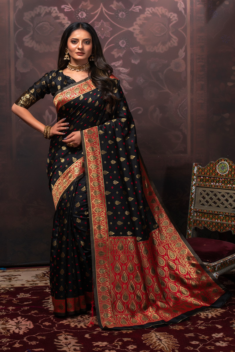 Picture of Black Banarasi Silk Jacquard Woven Saree with Blouse