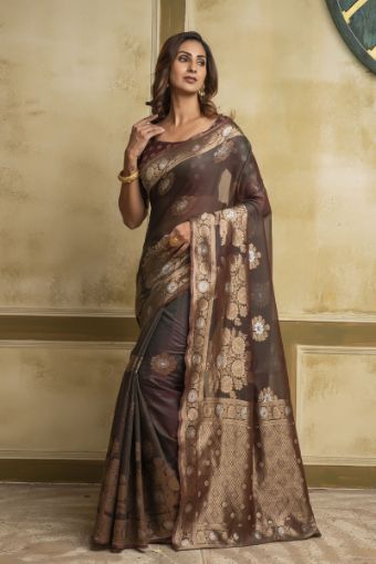 Picture of Walnut Span Cotton Jacquard Woven Saree with Blouse