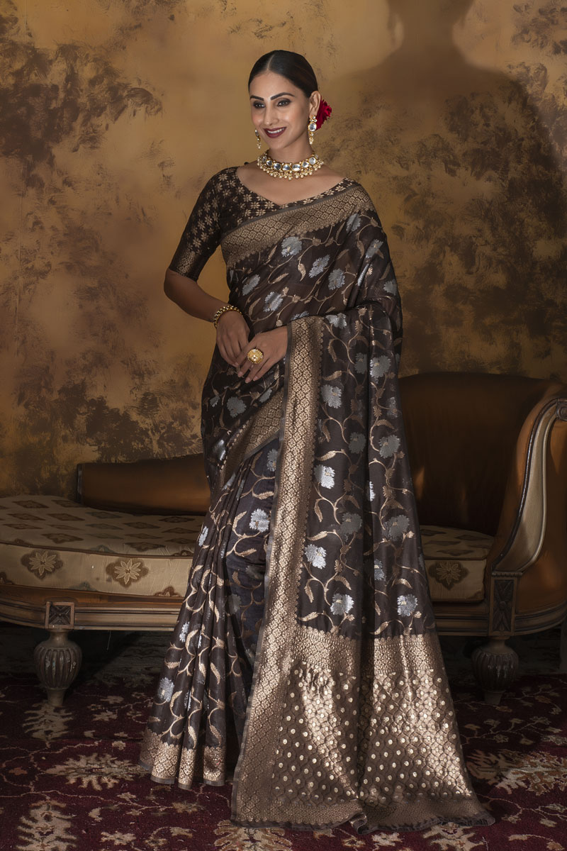 Picture of Coffee Span Cotton Jacquard Woven Saree with Blouse