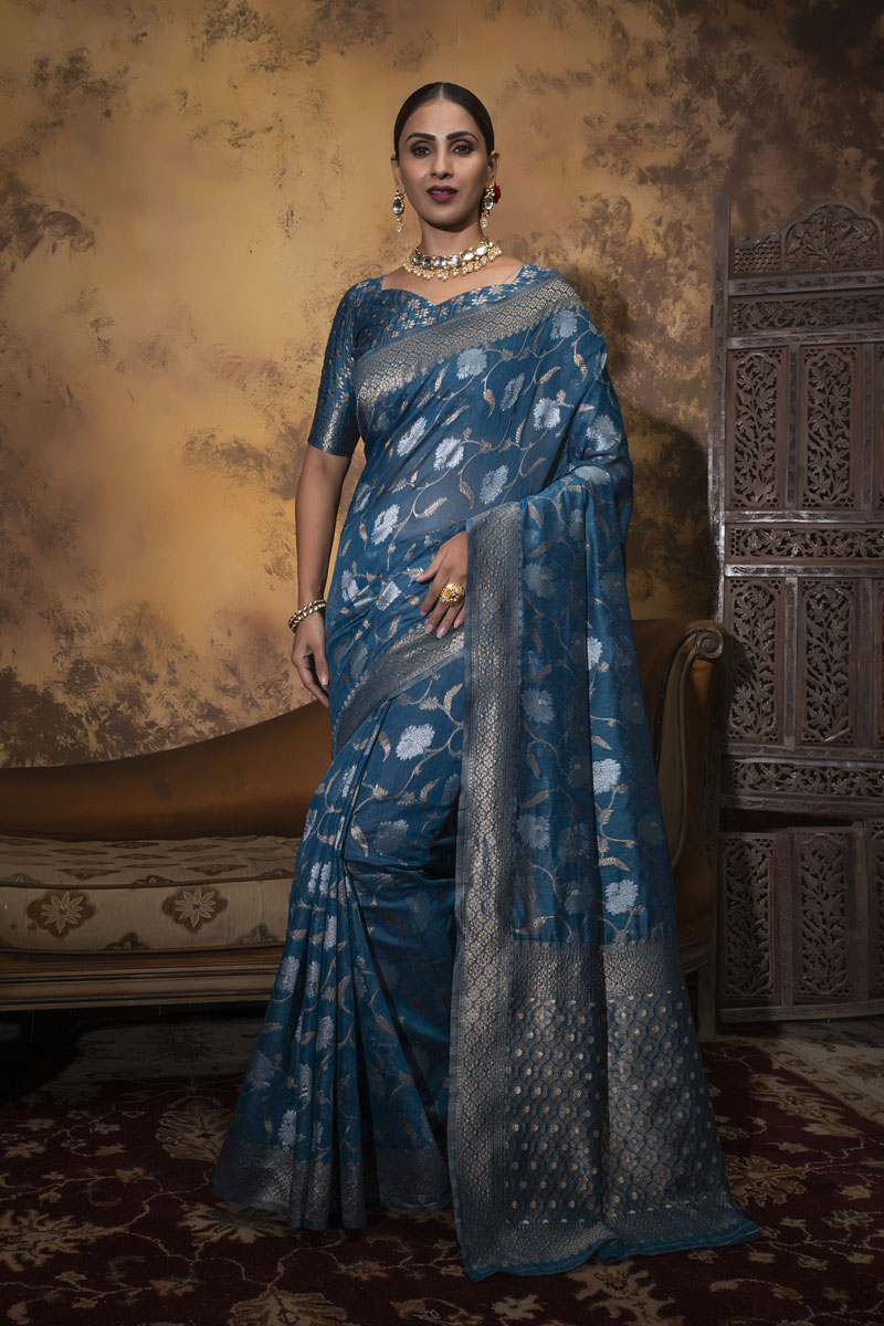 Picture of IndigoBlue Span Cotton Jacquard Woven Saree with Blouse