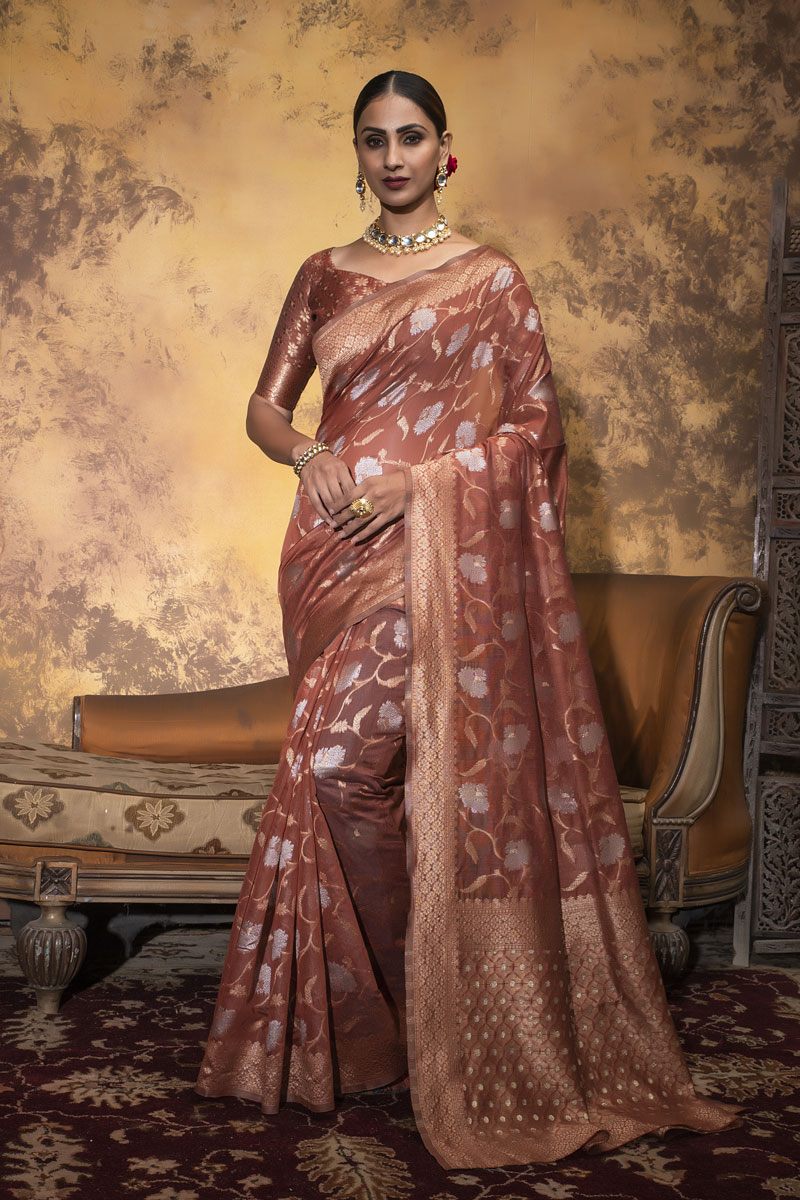Picture of Brick Span Cotton Jacquard Woven Saree with Blouse