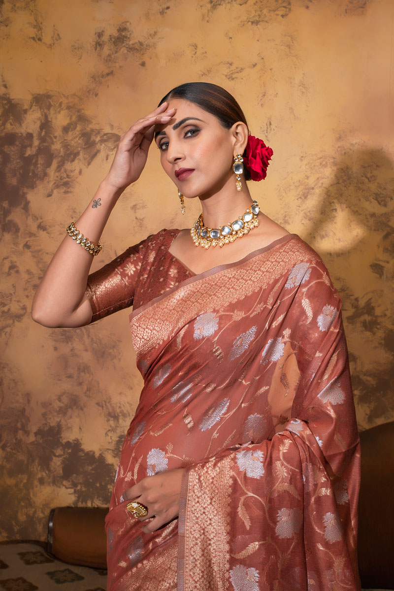 Picture of Brick Span Cotton Jacquard Woven Saree with Blouse