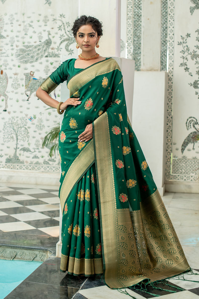 Picture of Green Banarasi Silk Jacquard woven Saree with Blouse