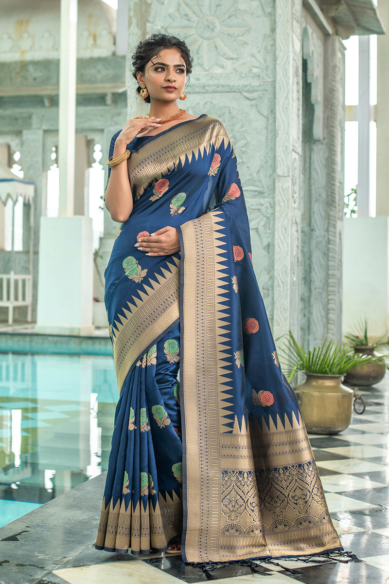 Picture of Aqua Blue Banarasi Silk Jacquard woven Saree with Blouse