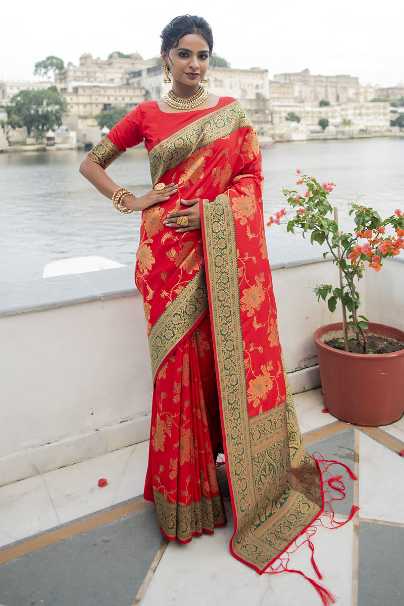 Picture of Tomato Red Banarasi Silk Jacquard Woven Saree with Blouse