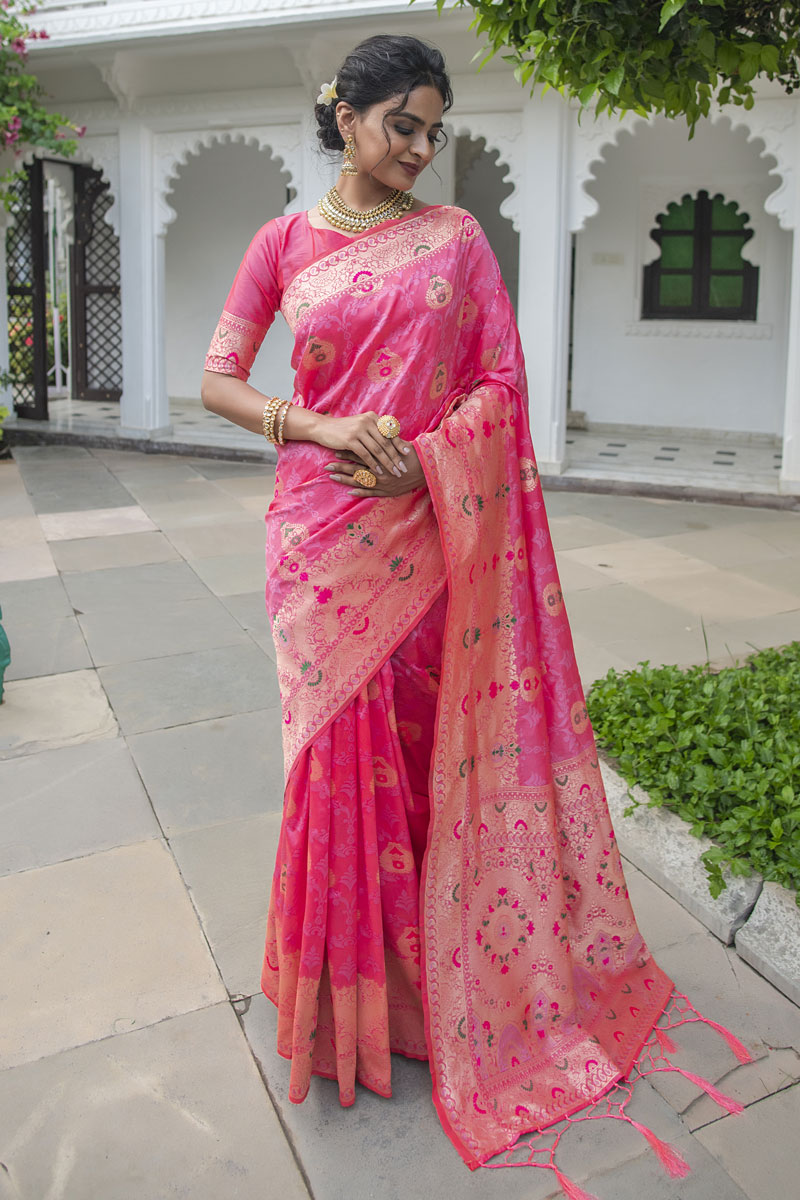 Picture of Light Pink Banarasi Silk Jacquard Woven Saree with Blouse