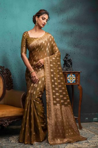 Picture of Caramel Span Cotton Jacquard Woven Saree with Blouse