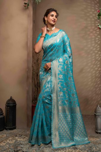 Picture of Sky Blue Span Cotton Jacquard Woven Saree with Blouse