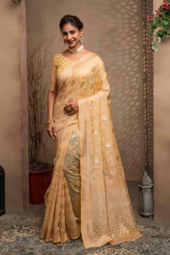 Picture of Cream Span Cotton Jacquard Woven Saree with Blouse