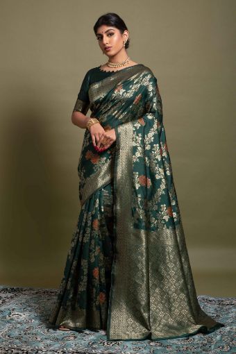 Picture of Dark Green Banarasi Silk Blend Jacquard Woven Saree with Blouse