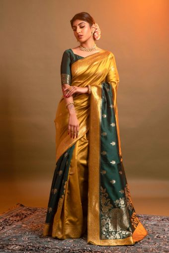 Picture of Mustard & Dark Green Banarasi Silk Blend Jacquard Woven Saree with Blouse