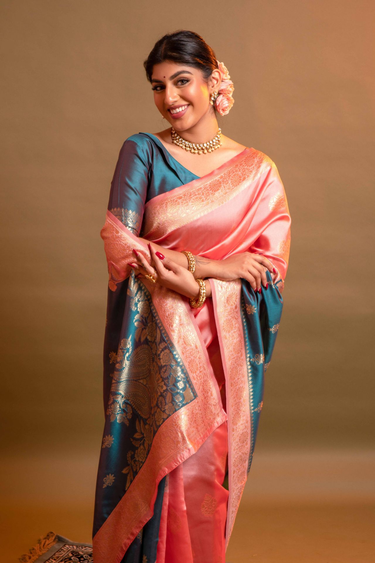 Picture of Pink & Ocean Blue Banarasi Silk Blend Jacquard Woven Saree with Blouse