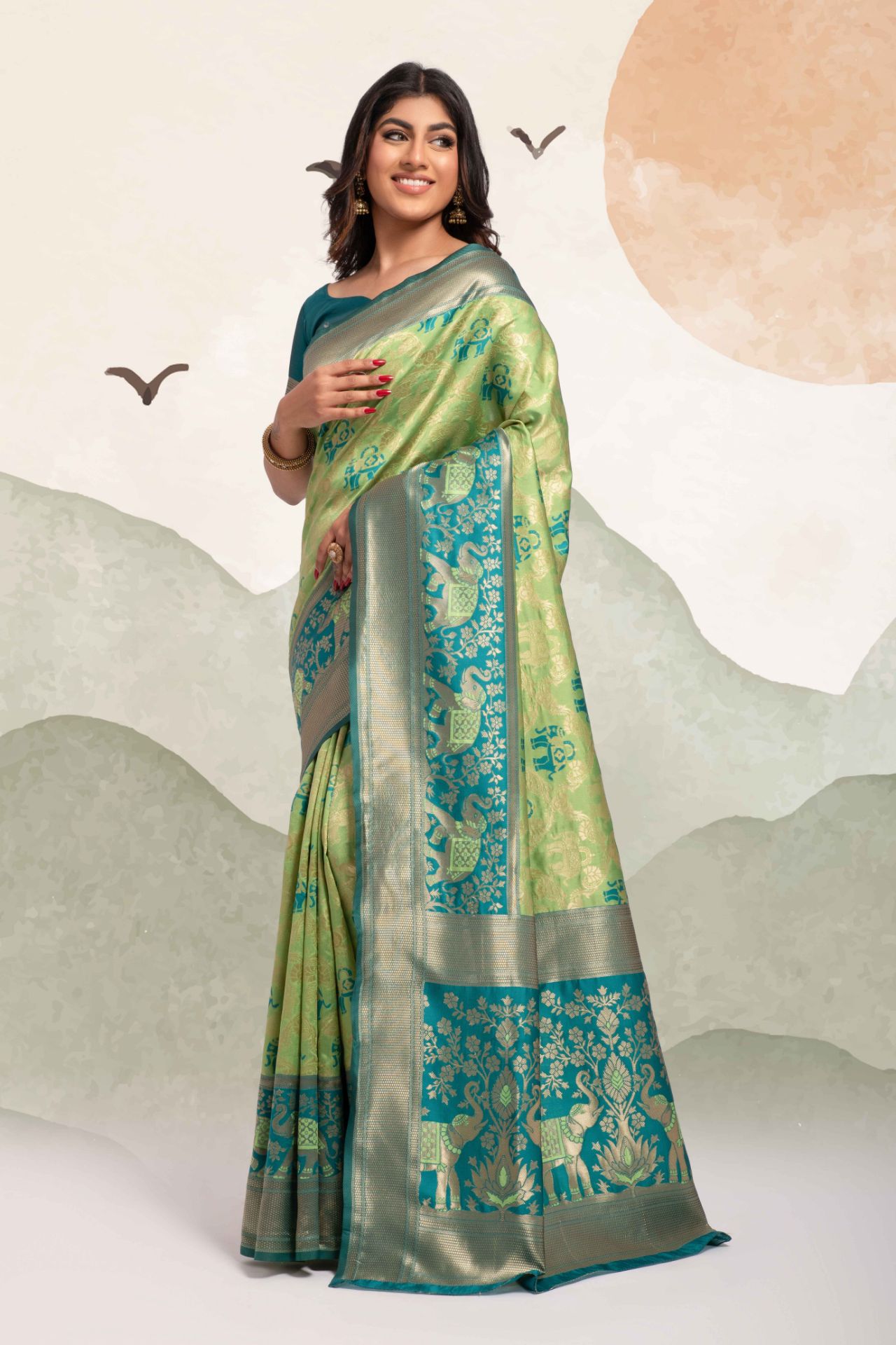 Picture of Pista Green Banarasi Silk Blend Jacquard Woven Saree with Blouse