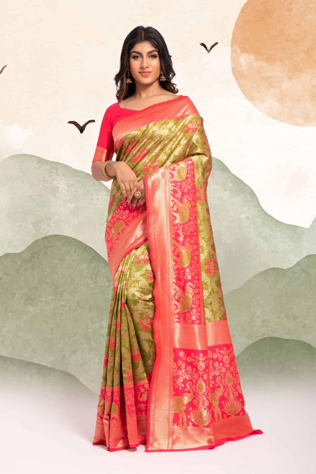 Picture of Lime Green Banarasi Silk Blend Jacquard Woven Saree with Blouse