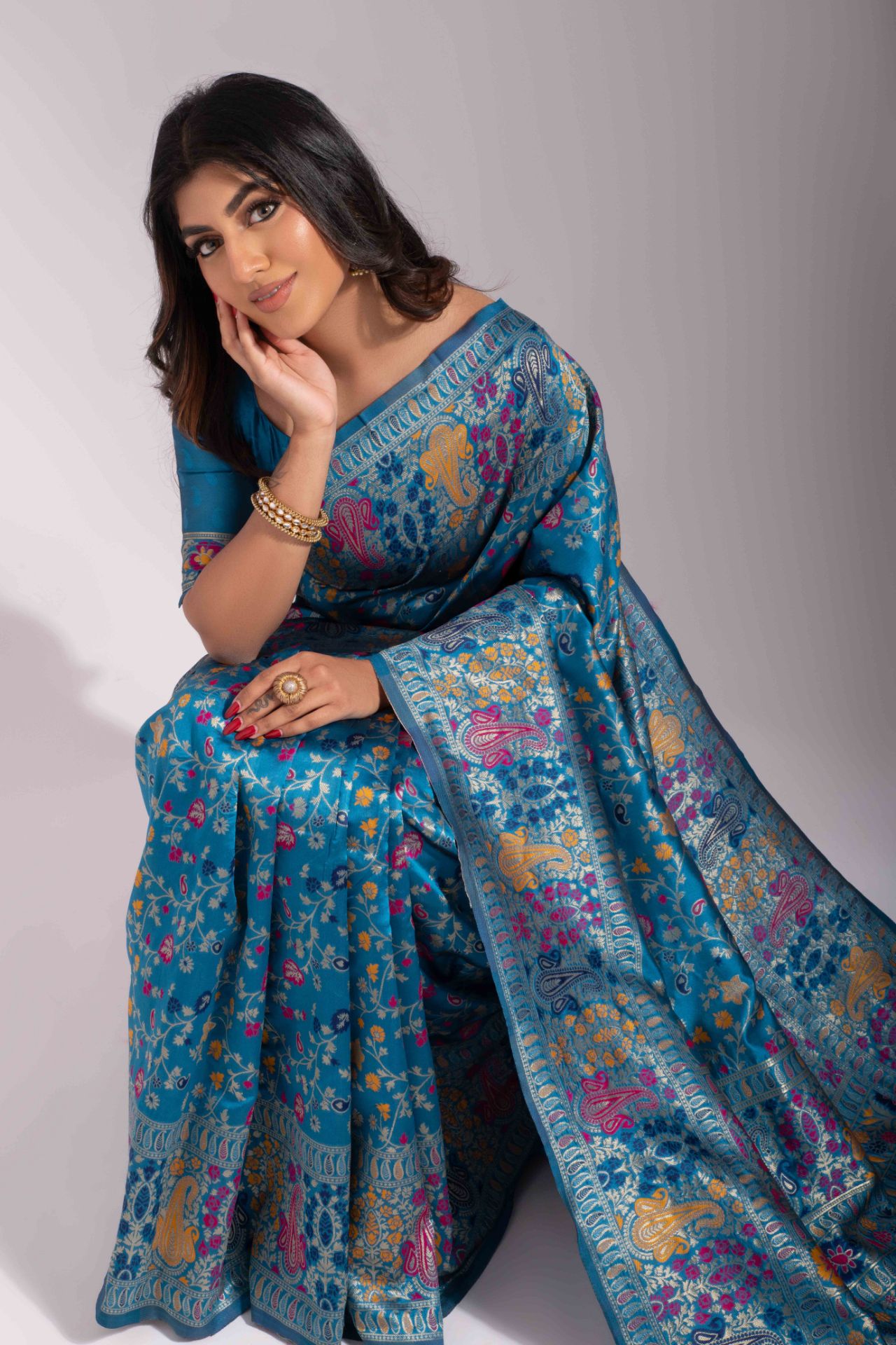 Picture of Aqua Blue Banarasi Silk Blend Jacquard Woven Saree with Blouse