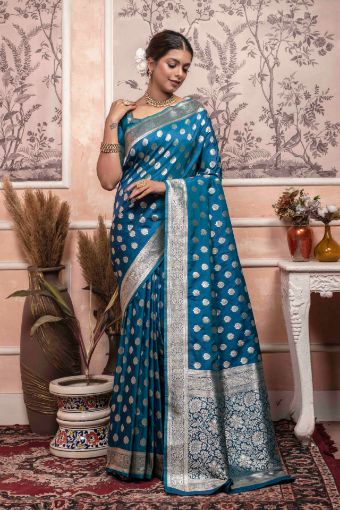 Picture of Ocean Blue Banarasi Silk Blend Jacquard Woven Saree with Blouse