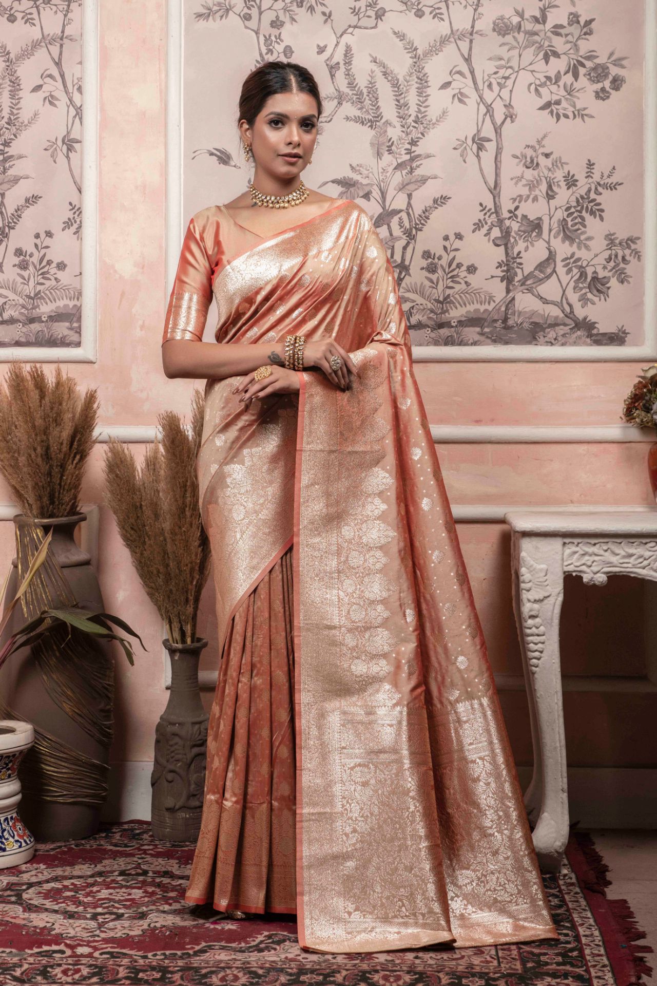 Picture of Chiku Banarasi Silk Blend Jacquard Woven Saree with Blouse