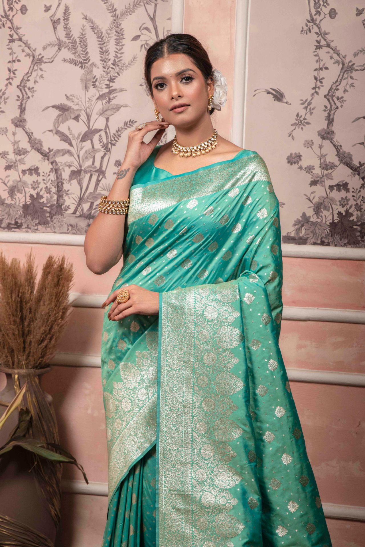 Picture of Mint Banarasi Silk Blend Jacquard Woven Saree with Blouse