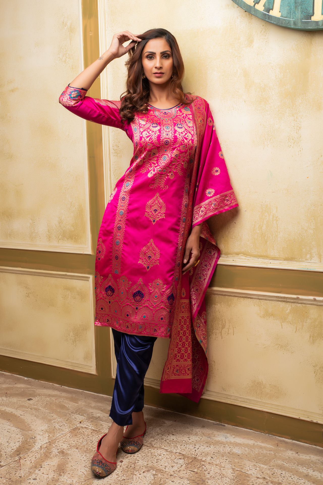 Picture of Rani Pink Banarasi Silk Jacquard Woven Salwar Kameez