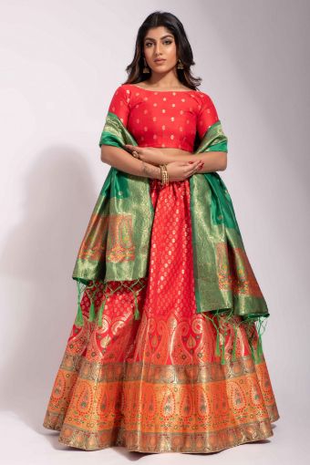 Picture of Red Banarasi Silk Jacquard Woven Lehenga Choli