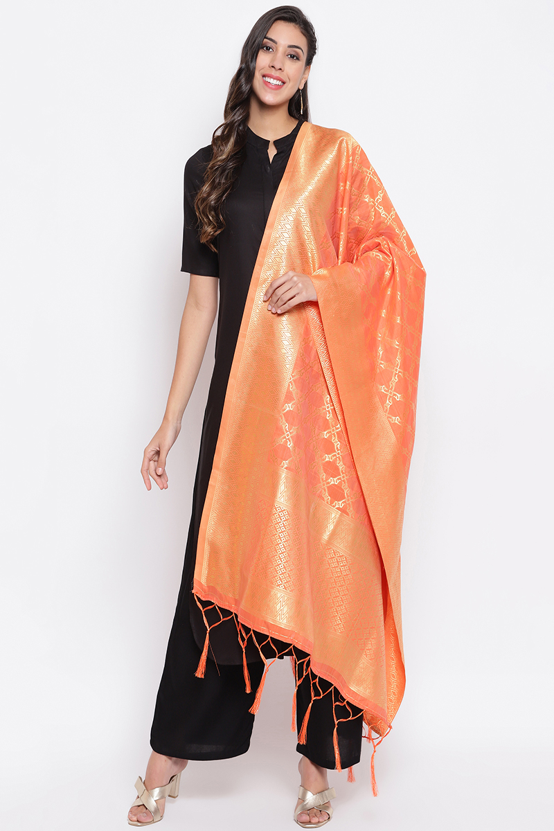 Picture of Orange Banarasi Silk Jacquard Woven Dupatt