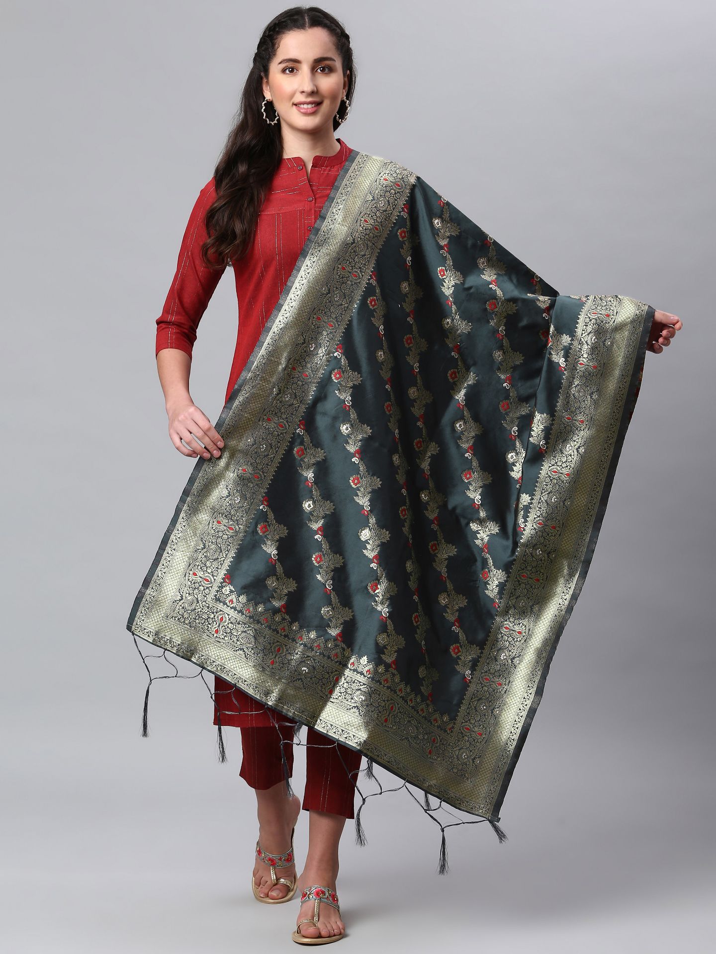 Picture of Grey Banarasi Silk Jacquard Woven Dupatta