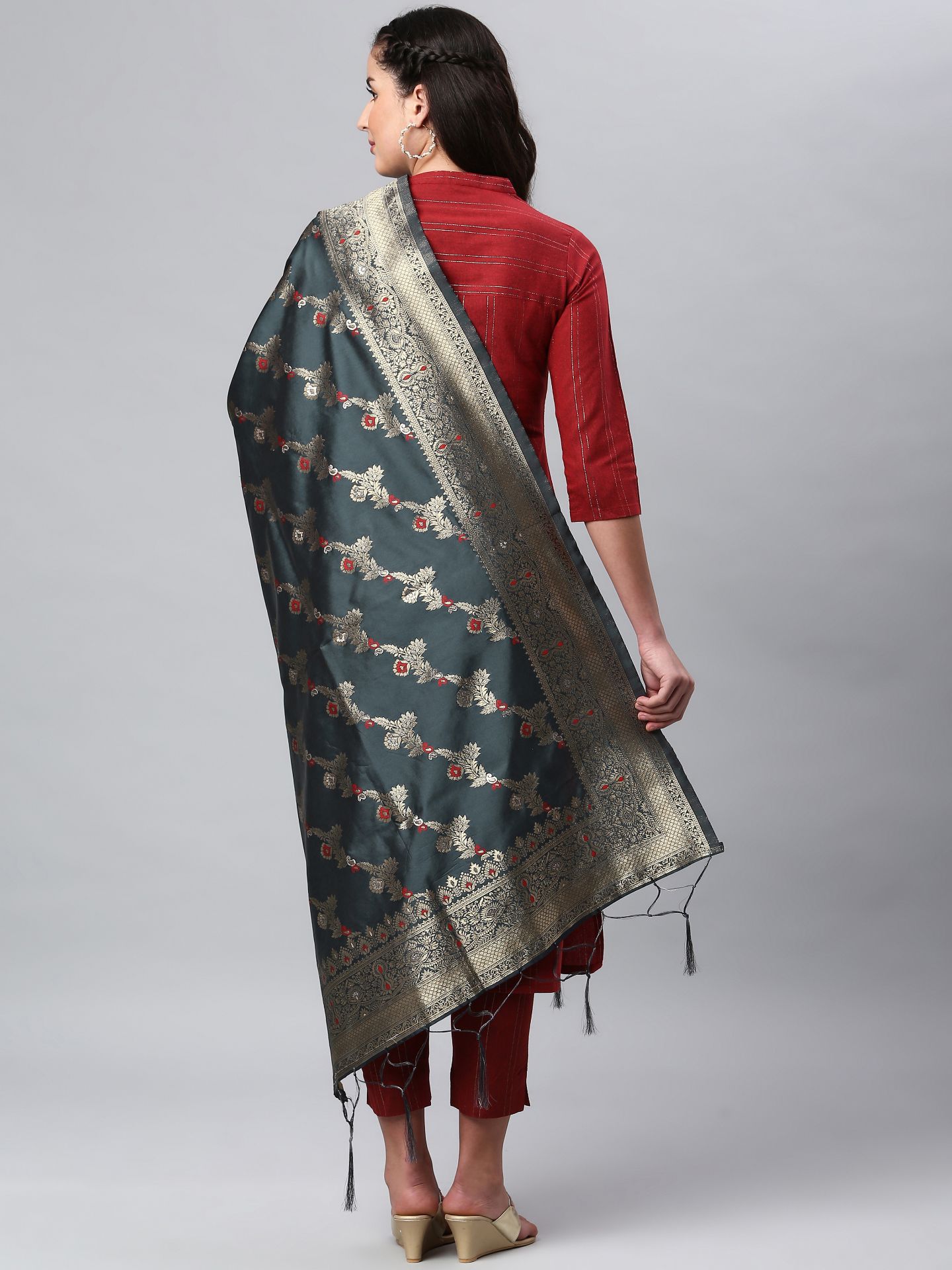 Picture of Grey Banarasi Silk Jacquard Woven Dupatta