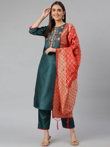Picture of Teal Slub Silk Blend Thread Embroidery Work on Top with Jacquard Dupatta Stitched Salwar Kameez